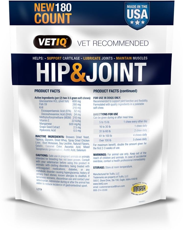 VETIQ Maximum Strength Hip and Joint Supplement for Dogs, Chicken Flavored Soft Chews, 22.2 oz, 180 count bag: Pet Supplies