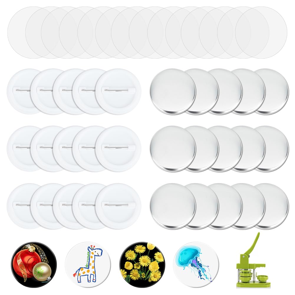AHANDMAKER 100 Sets Button Maker Supplies, 1.73 Inch/ 44mm Pin Back Button Parts for Button Maker Machine, Round Badge Blank Button Pins, Includes Metal Cover, Plastic Pin Backs, Plastic Clear Film