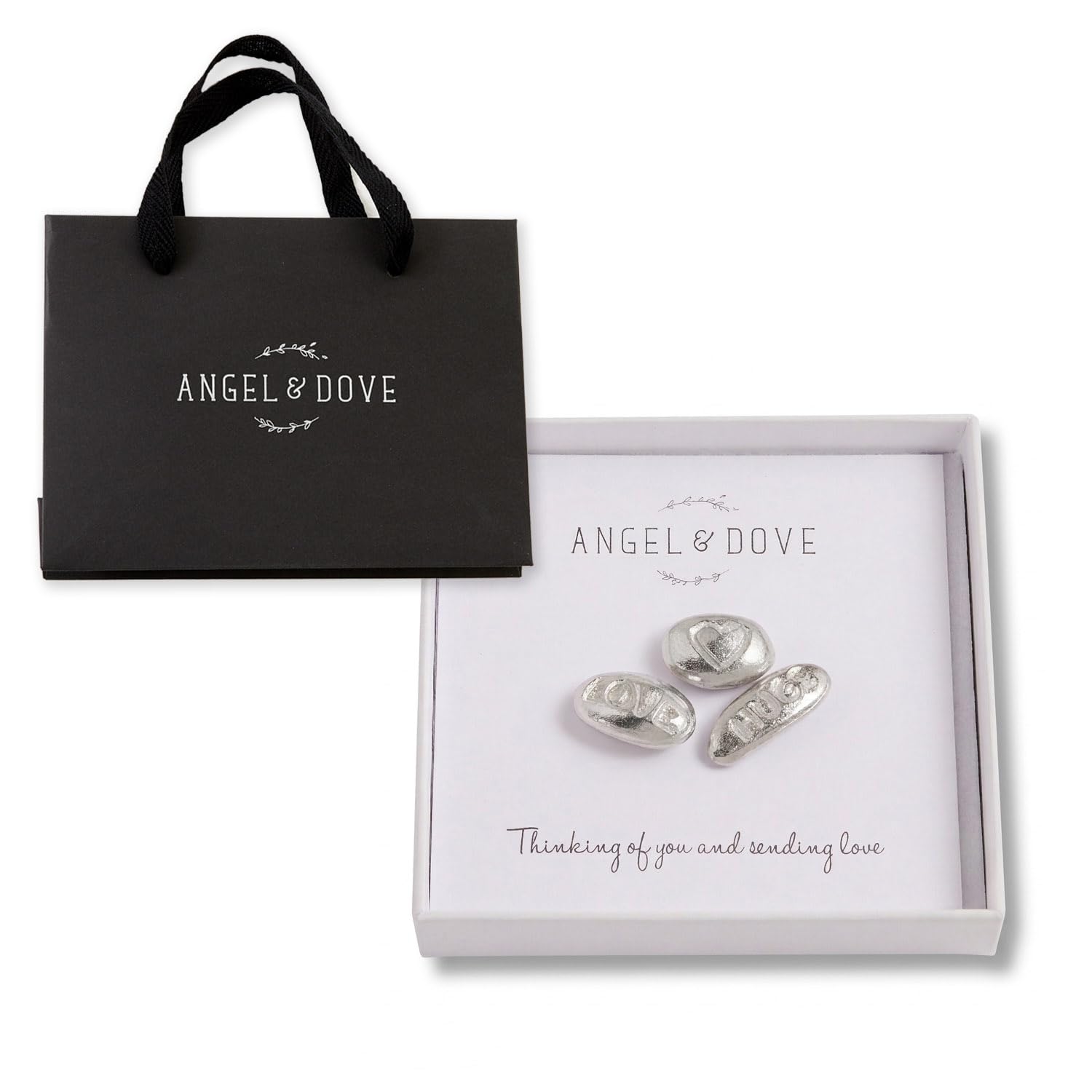 ANGEL & DOVE 3 Pewter 'Love, Hugs & Heart' Pebbles Sympathy Gift with Bag & Card