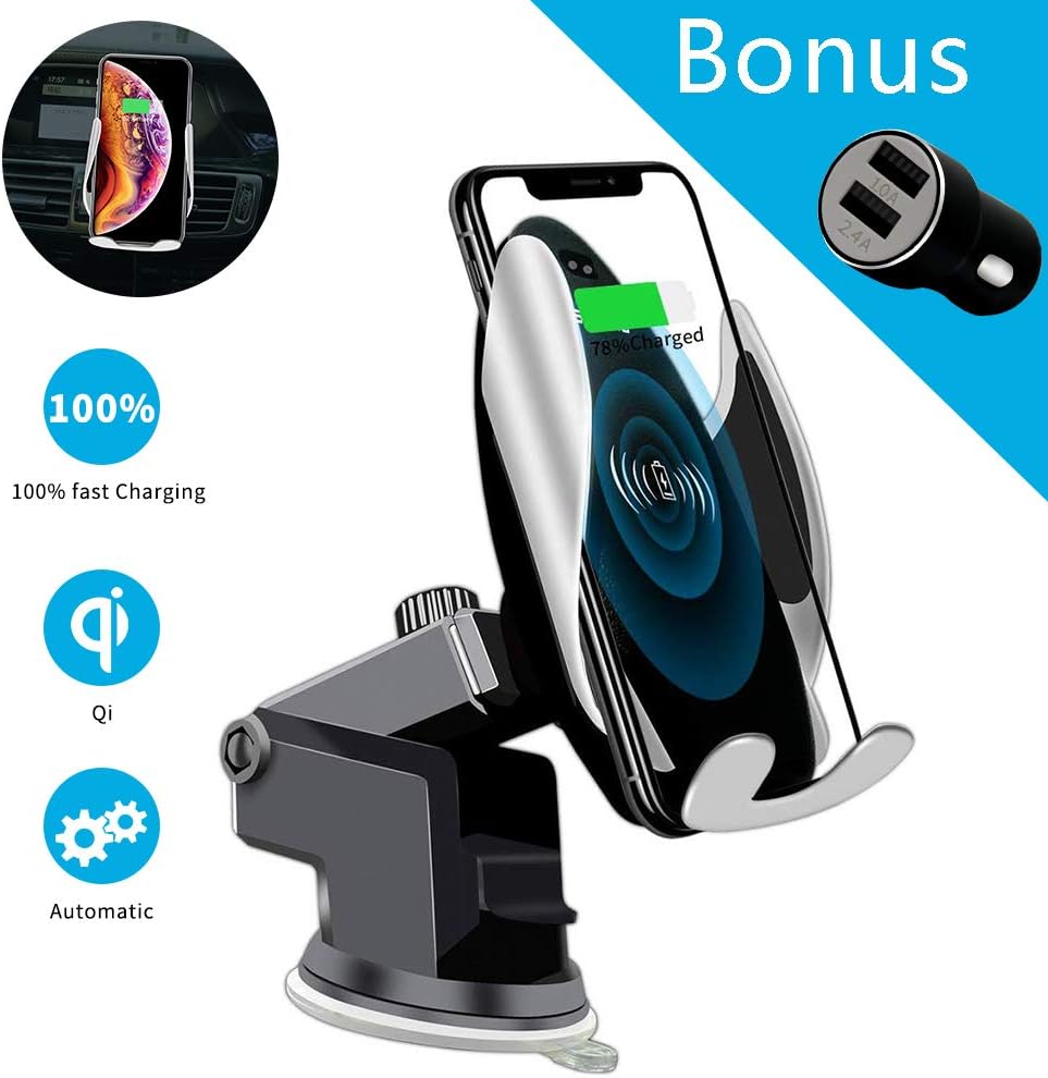 Qi Wireless Car Charger Mount Automatic Clamping SAUDIO Dashboard Air Vent Gravity Sensor Phone Holder Compatible with iPhone X/Xs MAX/XS/XR/X/8/8+,Samsung S10/S10+/S9/S9+/S8/S8+
