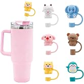 Bchjatk 6PCS Cute Animal-Themed Straw Cover Set with Stanley 30&40 Oz Cup, 10mm 0.4in Soft Silicone Caps, Dust-Proof Reusable