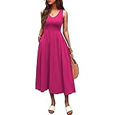 Mieazom Women Summer Sleeveless Casual Dresses Pleated Waist Elegant Midi A-Line Flowy Swing Dress Sundress with Pockets