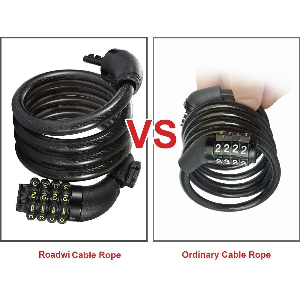 roadwi Bike Lock Cable, Resettable 4-Feet Security Cable Lock Combination Self Coiling Bicycle Lock Cable with Complimentary Mounting Bracket 4 Feet x 1/2 Inch By
