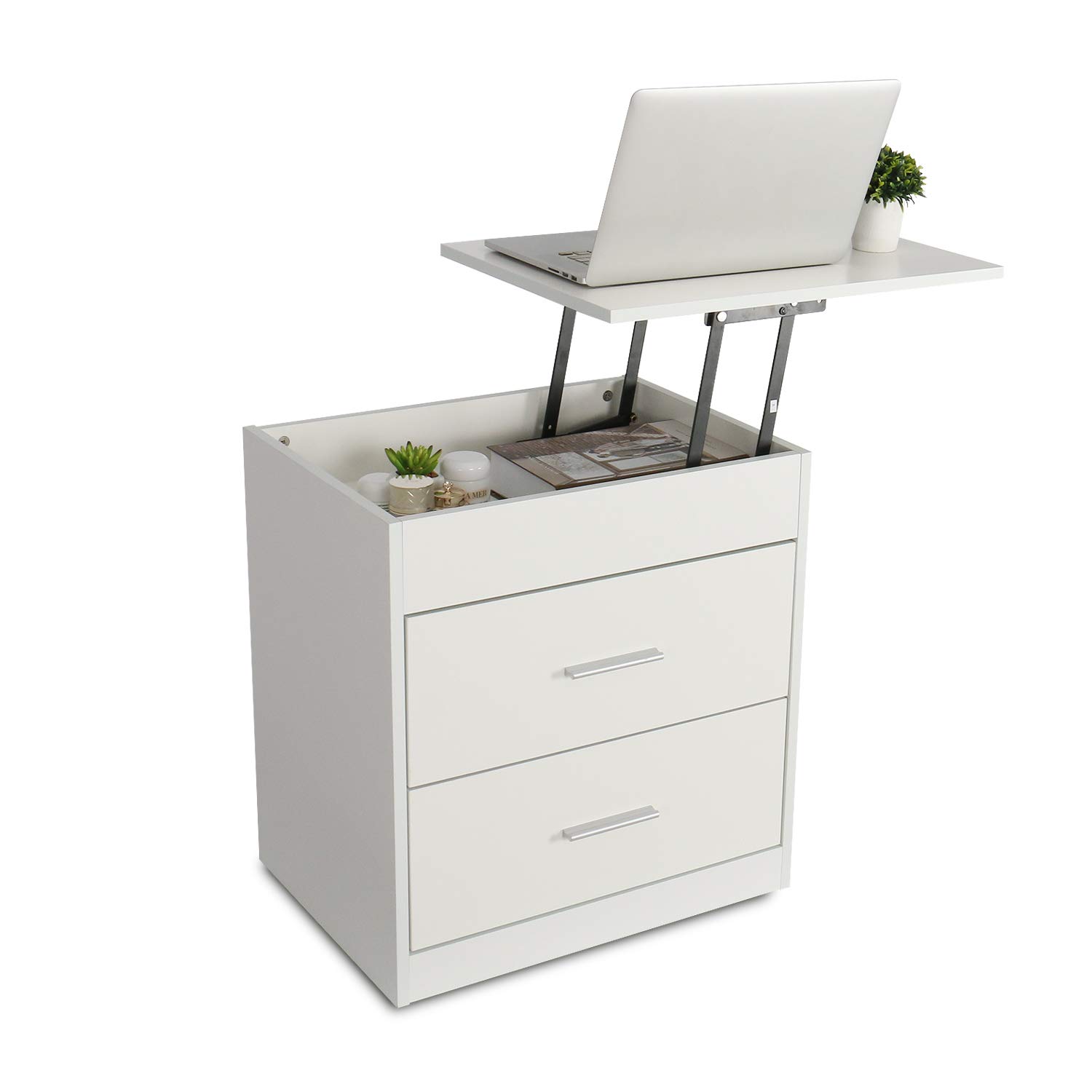 Upgrade Nightstand with Lifting Top, Bedside Desk Height Adjustable Laptop Table with 2 Drawer