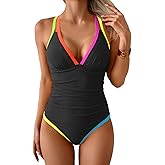 B2prity Women's One Piece Swimsuit Tummy Control Slimming Bathing Suit V Neck Neon Color Block Tie Back Swimwear