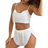 Fem&Fata Womens Satin Pajamas Set 2 Piece Cami Shorts Set Sexy Lace Lingerie Nightwear