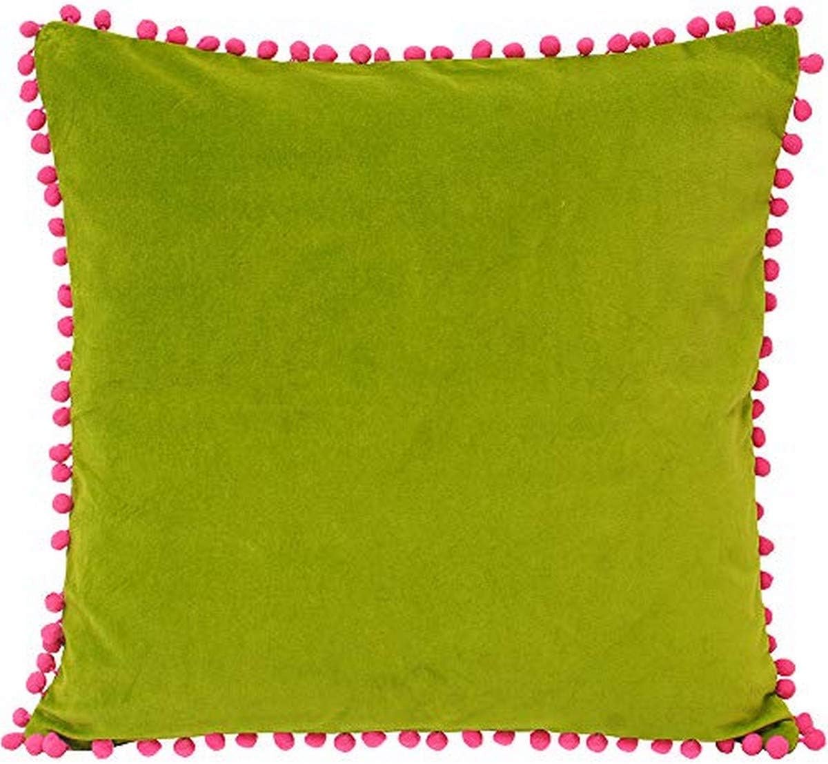 Riva Paoletti Polyester Filled Cushion Faux Velvet Fabric-Contrasting Fuchsia Pink Pompom Edges-Hidden Zip Closure-100% Soft (18" X 18" Inches)