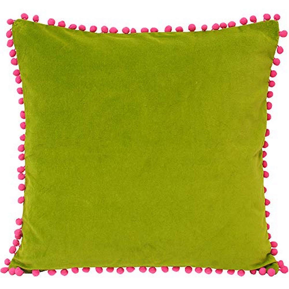 Riva Paoletti Feather Filled Cushion Faux Velvet Fabric-Contrasting Fuchsia Pink Pompom Edges-Hidden Zip Closure-100% Soft (18" x 18" inches), Cotton, Green, 45 x 45cm