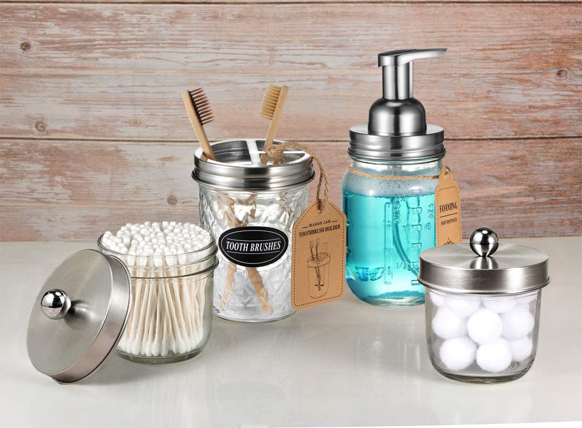 Mason Jar Bathroom Accessories Set(4 Pack) - Foaming Soap Dispenser&Qtip Holder Set&Toothbrush Holder-Rustic Farmhouse Decor Bathroom Organizer Apothecary Jar Country Countertop (Brushed Nickel): Home & Kitchen