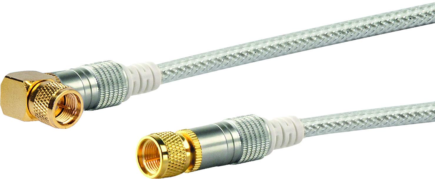 Schwaiger SAT Angled Connection Cable (10 m, 90 Degrees F-Connector to F-Connector, 110dB, 4-Way/Gold-Plated Knurled Nut) Transparent