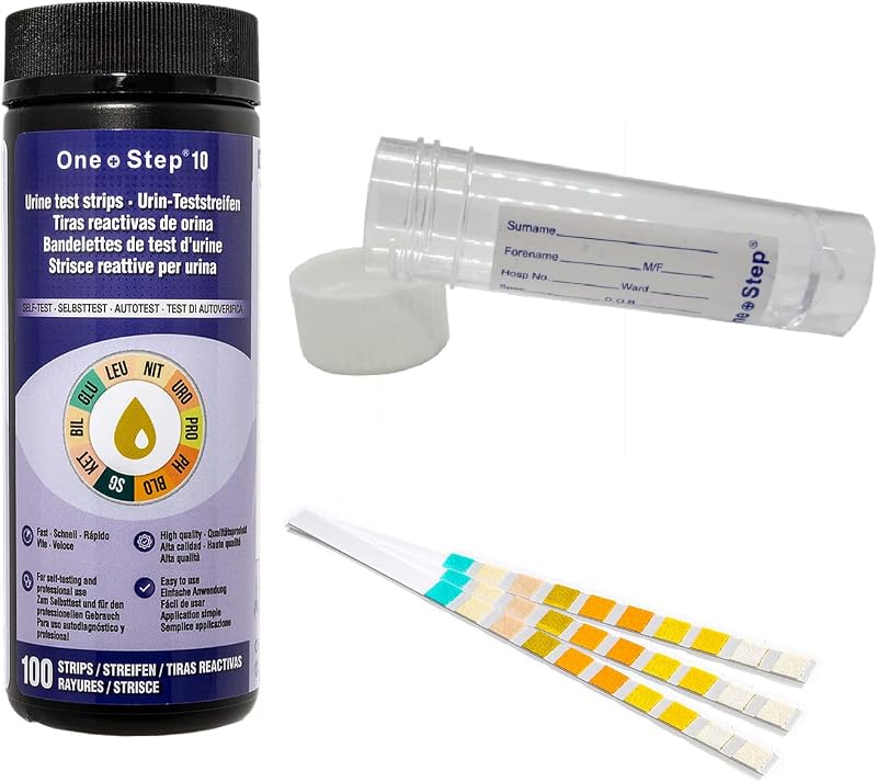 One Step 10 Parameter Urinalysis Dipstick Test 100 Strips + 30ml Pot