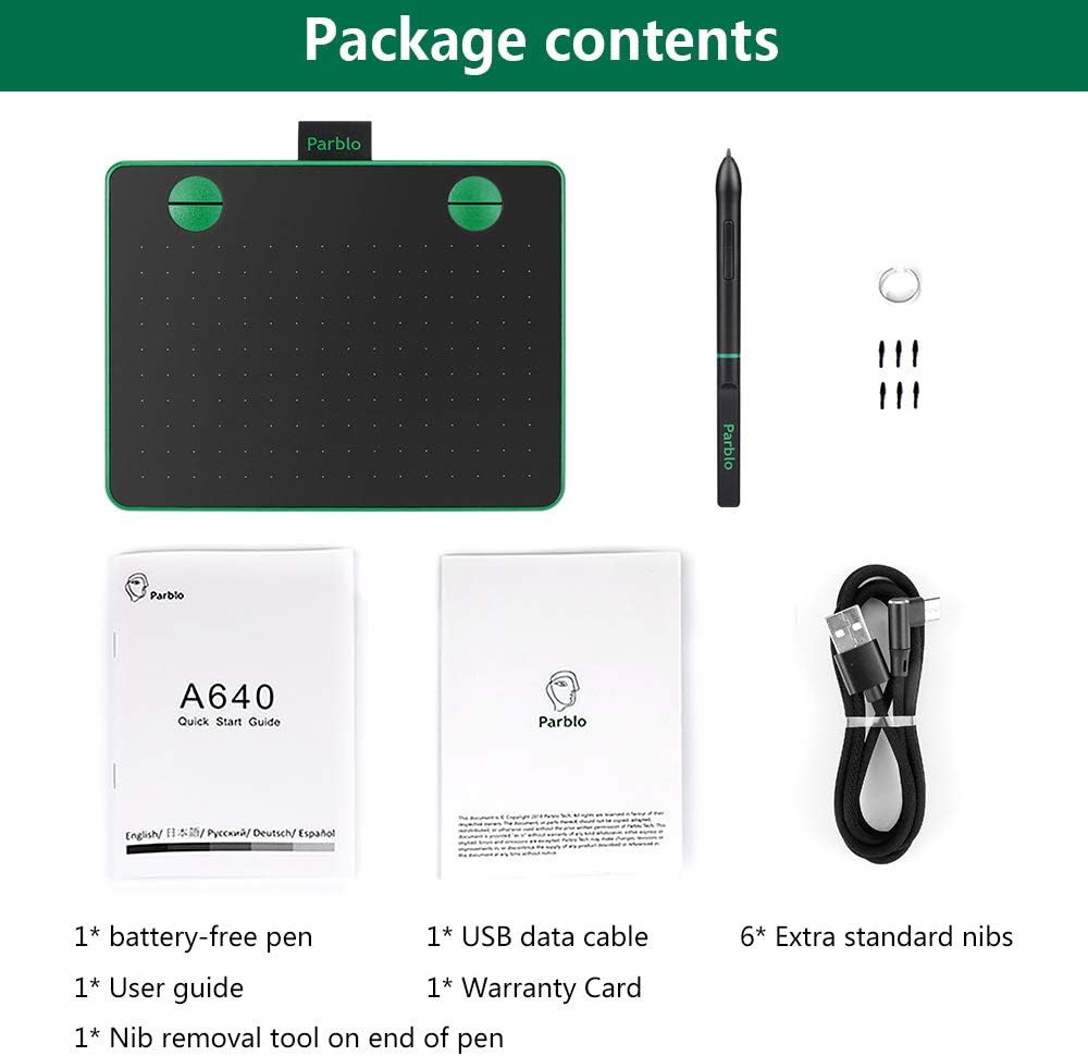 Parblo A640 Drawing Tablet with 8192 Levels Battery-Free Stylus Pen, 7.2 x 5.9 Inches Graphic Drawing Tablet for Digital Art Works, Drawing, Sketch, Design, Paint (Green): Computers & Accessories