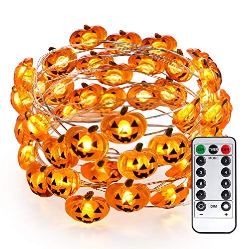 Brizled Pumpkin Halloween String Lights, 40 LED 13.12ft 8 Modes Battery Powered Fairy Lights with Remote & Timer, Flexible Copper Wire Jack-O-Lantern Lights for Halloween Party Decorations, Warm White
