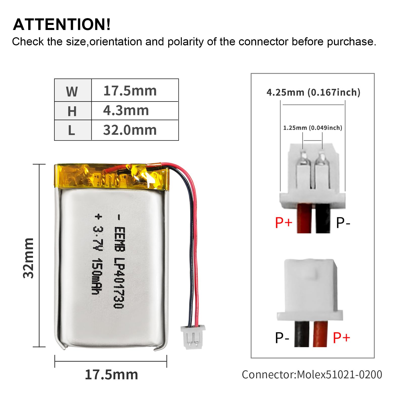 EEMB Lithium Polymer Battery 3.7V 150mAh 401730 Lipo Rechargeable Battery Pack with Wire Molex 1.25mm Connector for Speaker and Wireless Device- Confirm Device & Connector Polarity Before Purchase