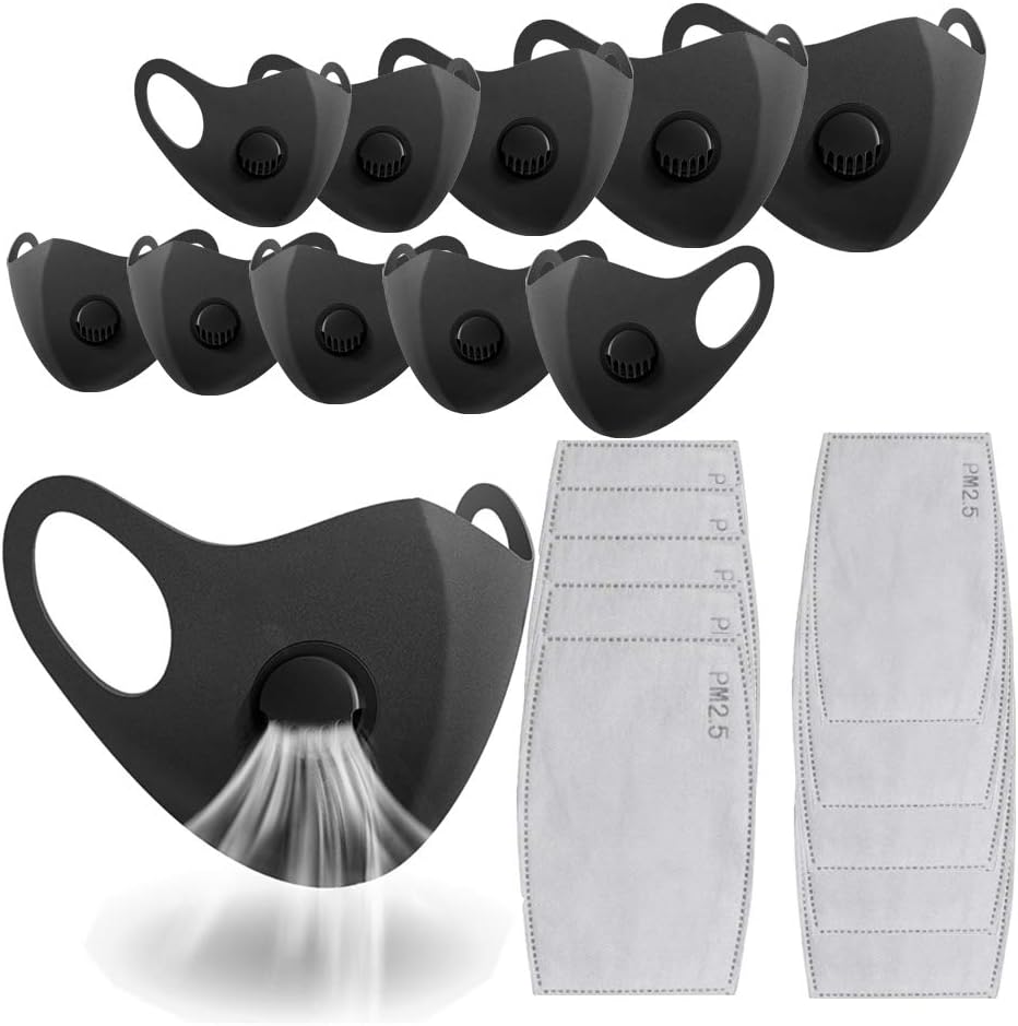 10 pcs Reusable Face Dental Industrial Bandanas, with Breathing valve for Adults Breathable, Anti Haze Dust Face Health and 10 pcs Disposable Filter Pads