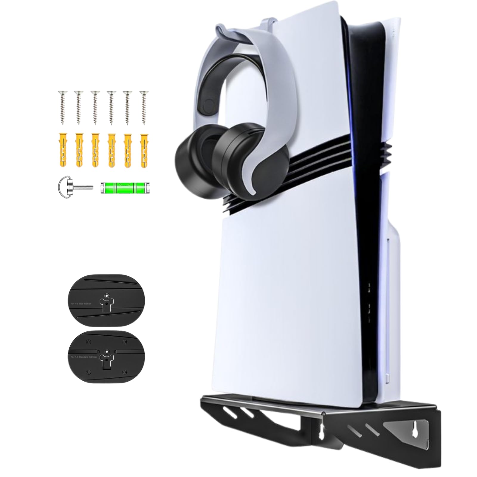 Wall Mount Kit - Steel Wall Mount for PlayStation 5 Standard/Slim/Pro Console, Space-Saving Design with Headset Holder, Enhanced Cooling - Fits PlayStation 5 Disc & Digital Edition