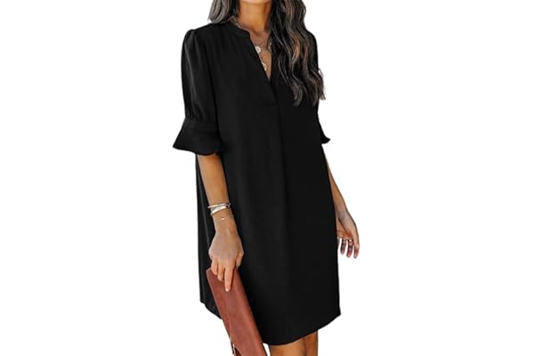 QACOHU Womens Summer Casual V Neck Shift Mini Dress | Flowy Swing Basic Dress, Ruffle Short Sleeve, Floral Boho Style, Weddin