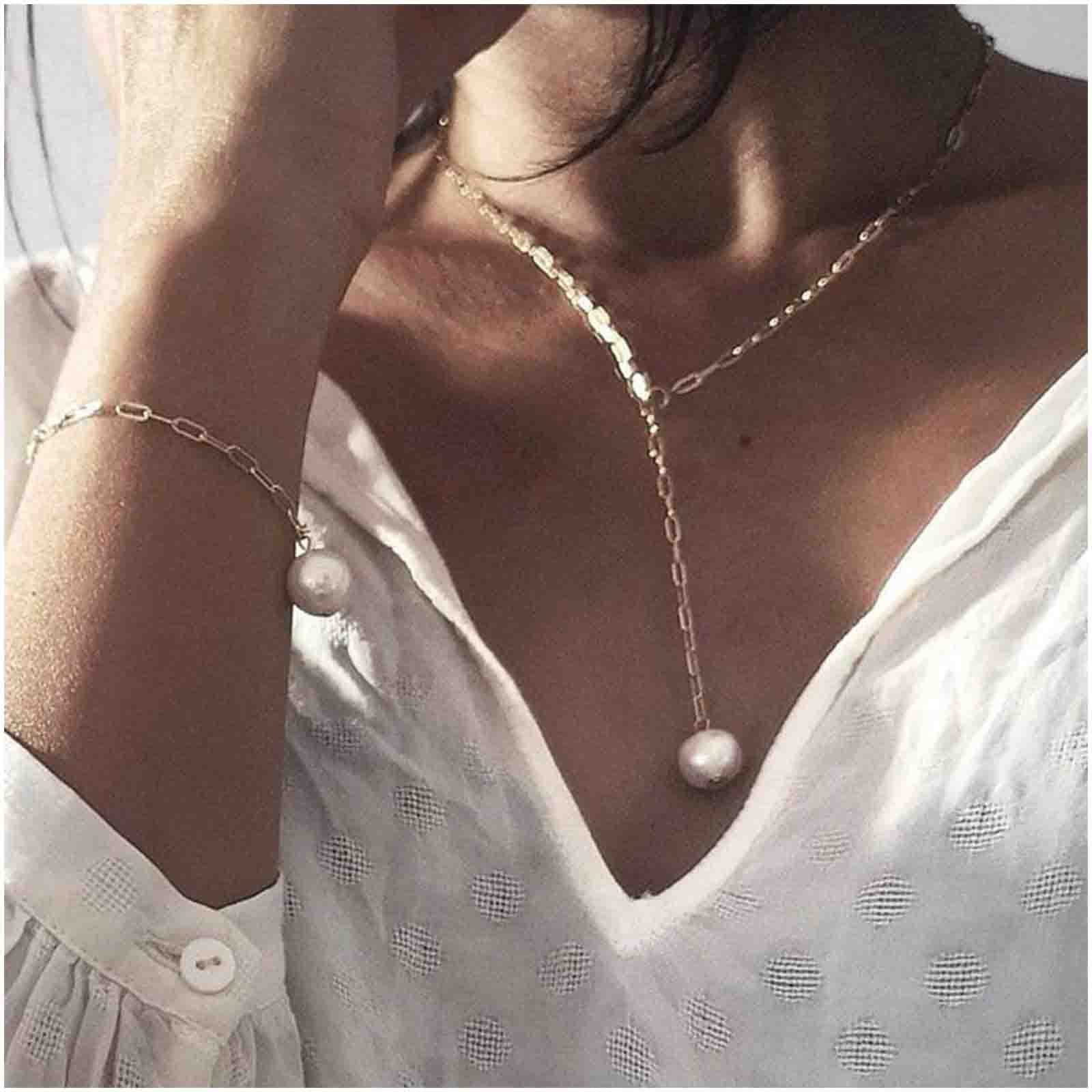 Cimenexe Bohemian Pearl Drop Necklace Choker Paper Clip Chain Necklace Gold Y Lariat Necklace Floating Pearl Necklace Jewelry for Women and Girls Gifts