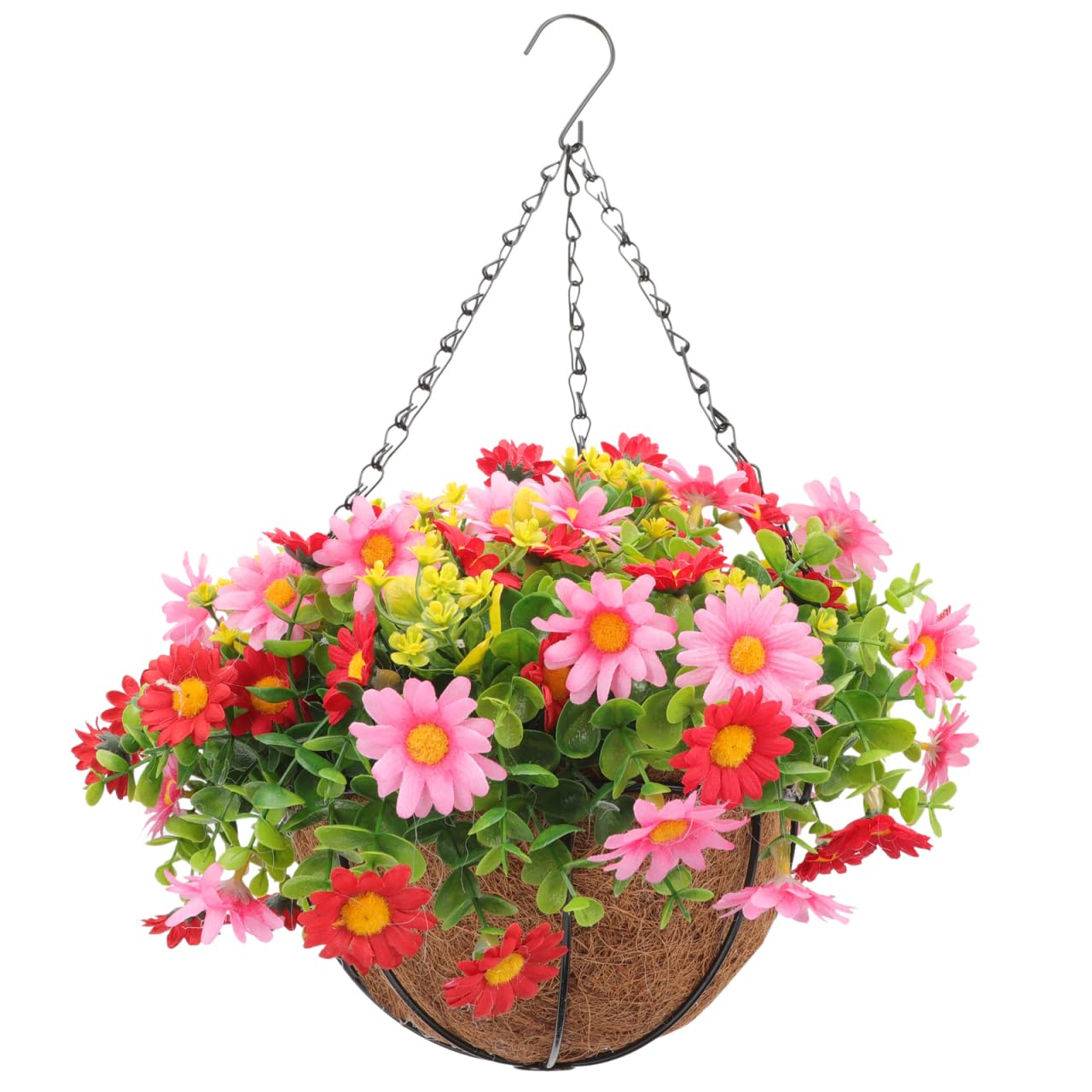 GANAZONO Artificial Flowers Hanging Basket Garden Decor Faux Petunias Daisies Eucalyptus Leaves Outdoor Indoor Hanging Basket Patio Porch Yard Home Decoration
