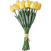 Mikasa Faux Tulips Artificial Flowers, Light Yellow Tulip Stems with Greenery, Set of 20 Realistic Plastic Silk Flowers, Fake Tulip Bouquet for Home Decor Vase, Floral Arrangement