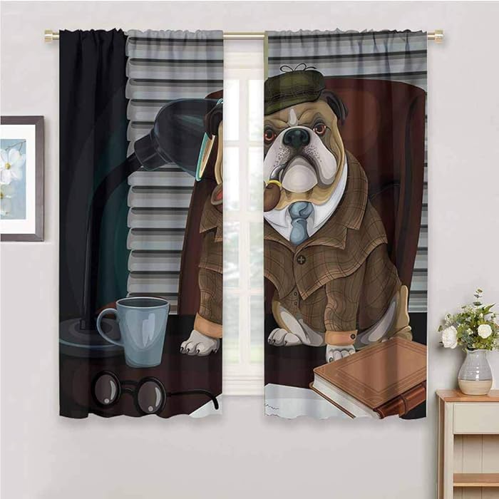 DILITECK Bedroom Decor Blackout Shades English Bulldog Traditional English Detective Dog with a Pipe and Hat Sherlock Holmes Image 2 Panel Sets W52 x L84 Inch Multicolor