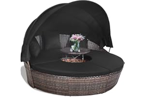Tangkula Patio Round Daybed with Retractable Canopy, Outdoor Wicker Rattan Furniture Sets, Sectional Cushioned Sofa Set w/Height Adjustable Coffee Table, Rattan Conversation Sets (Black)