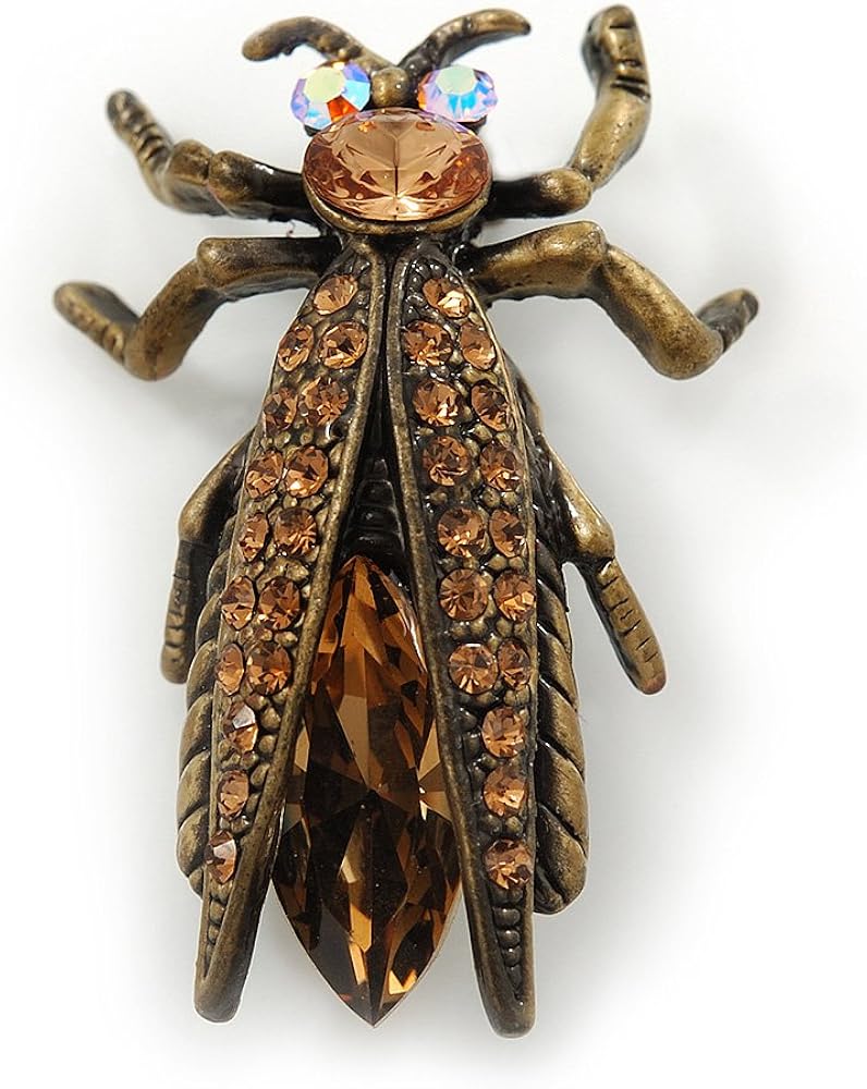 Vintage Inspired Ligth Amber Coloured Diamante 'Fly' Brooch In Bronze Tone - 35mm Length, brown, copper, bronze