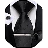 DiBanGu Silk Ties for Men Formal Plaid Check Necktie and Pocket Square Cufflinks Tie Clip Set Wedding Necktie with Gift Box