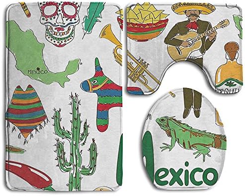 Fun Colorful Sketch Mexico Chili Pyramid Nachos Cactus Music Poncho Pattern Non-Slip Bathroom Rug Shag Shower Mat Machine Washable 3 Piece Bath Mats Bathroom Rug /Contour Mat/ Lid Cover