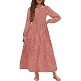 MITILLY Girls Fall Long Sleeve Dress Boho Flower A-Line Ruffle Tiered Flowy Maxi Dresses for Wedding Party 6-12 Years