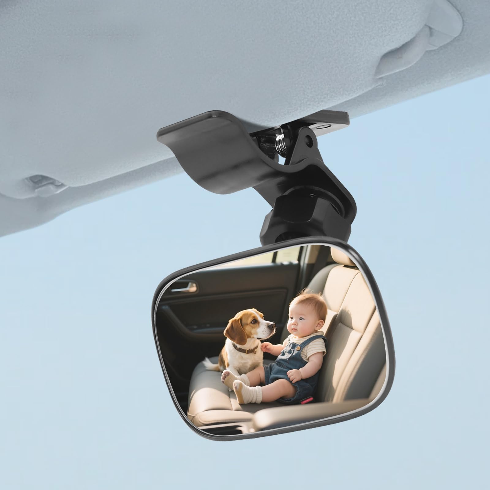 Car Interior Universal Wide Angle Convex Rearview Mirror for Baby, 360° Adjustable Clip On View for Infant Toddler Child Backseat (Black)