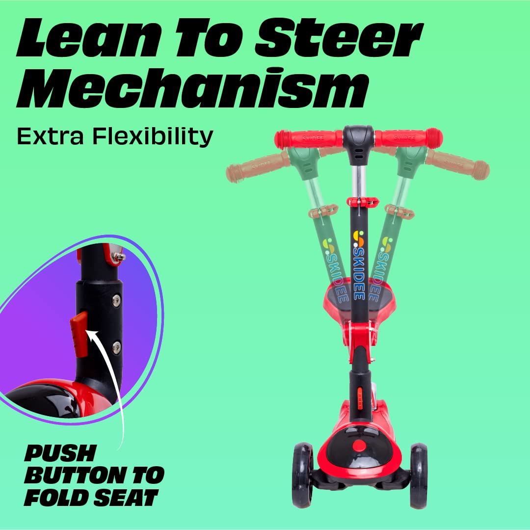 SKIDEE Kick Scooters for Kids Ages 3-5, Adjustable Height Foldable Scooter with Removable Seat, 3 LED Light Wheels, Rear Brake, Wide Standing Board, Suitable Up to 12 Year Old Boys/Girls