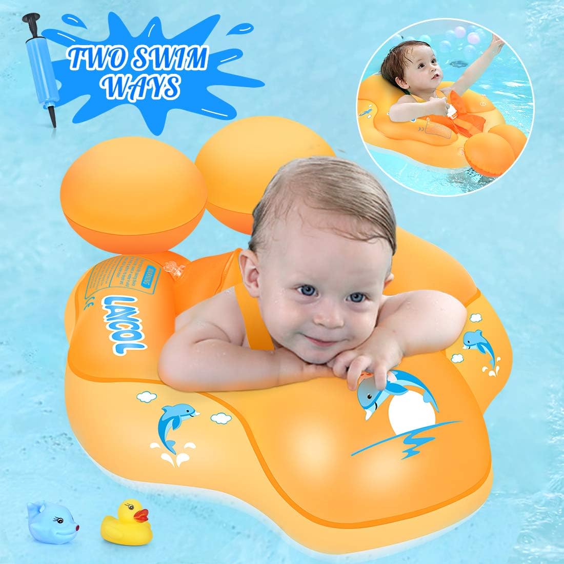 LAYCOL Baby Swimming Float Inflatable Baby Pool Float Ring Newest add Tail no flip Over for Age of 3-36 Months，Swimming Trainer (Yellow, XL)