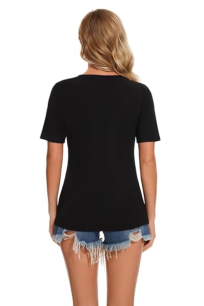 WOMENS DEEP V NECK SHORT SLEEVE LIGHTWEIGHT STYLISH SUMMER ESSENTIAL FIT T SHIRT TOPS TEE FOR WOMEN (BLACK,S)