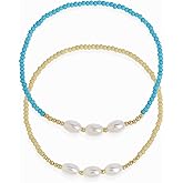 Tyebiva Freshwater Pearl Seed Beads Stack Friendship Bracelets Set for Women, 2Pcs Dainty Handmade Boho Turquoise Beige Beaded Stretch Bracelets Prom Jewelry Gift.