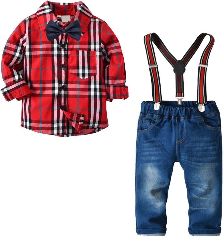Little Boys Clothes Sets Bow Ties Shirts + Suspenders Trousers Denim Jeans Toddler Boy Gentleman Outfits Suits
