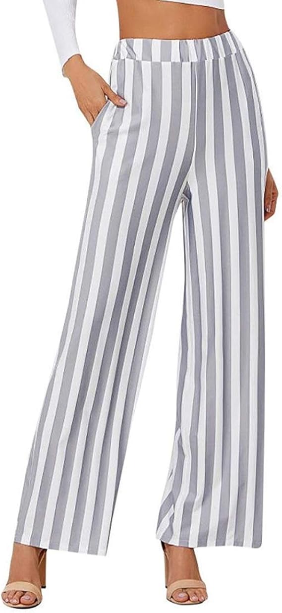 Graue Hose Mit Streifen An Der Seite Damen Weite Hosen Fashion Gestreift Freizeithose Elegante High Waist