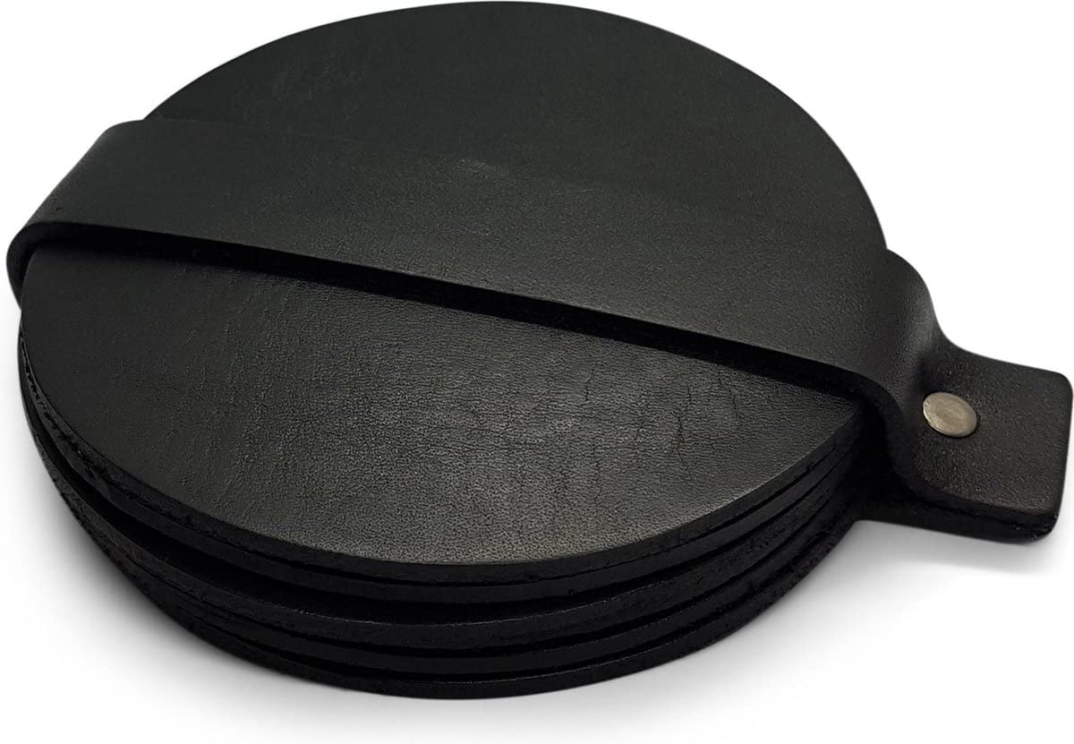 Brute Strength - Full grain leather coasters - Black - Round - 6 pcs - Round coaster for glass - Coasters for drinks - includes holder
