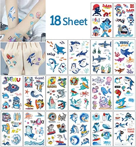 Vibury Shark Temporary Tattoos for Kids, 18 Sheets Ocean Sea Themed Shark Temporary Tattoo Body Stickers for Kids Children Birthday Party, Supplies Bags Fillers