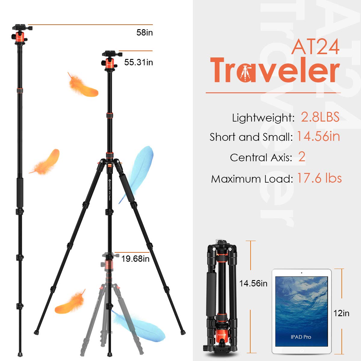 Geekoto 58" Ultra Compact and Lightweight Aluminum Tripod
