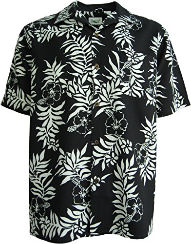 Mens Silk Hawaiian Camp Shirt Black Waffle Weave Casual (XL)