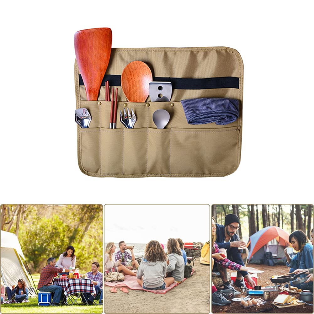 PWPAM Camping Tableware Storage Bag Picnic Cutlery Organizer Cooking Utensils Hanging Bag (Square)
