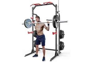SunHome Power Cage Squat Rack, Multi-Functional Power Rack with Pull Up, J-Hooks, Dip Handles, Weight Plate Storage