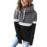 Zyuoel Women's Casual Cowl Neck Pullover Hoodie Color Block Graphic Long sleeves Tops Cute Drawstring Loose Lightweight