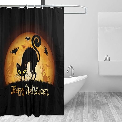 Amazon Com Halloween Black Cat Ghost Bat On Moon Shower Curtain Waterproof Bathroom Decor 72x72 Inch Home Kitchen