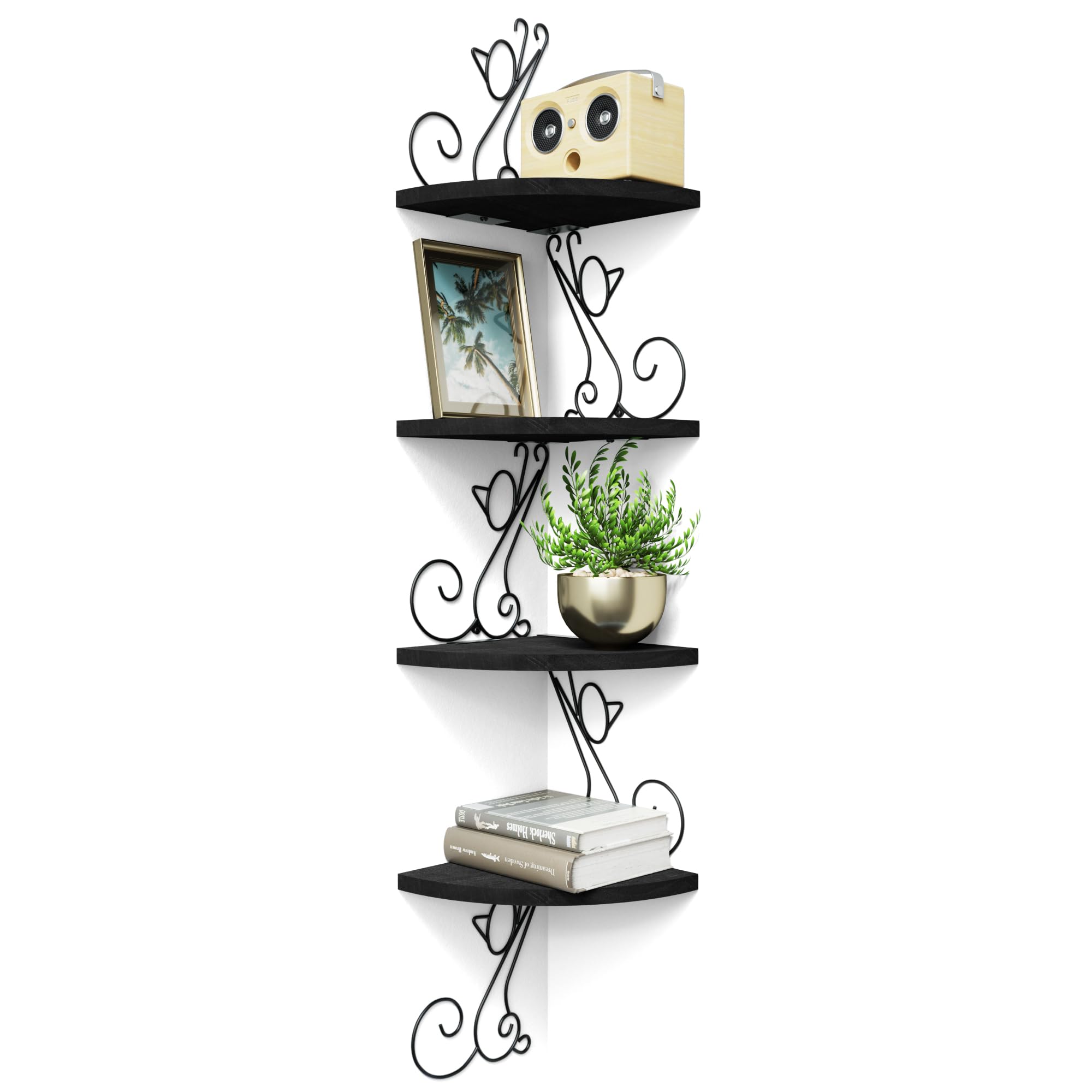 Alsonerbay Corner Shelf Wall Mount of 4 Tier Corner Shelves Rustic Wood Floating Shelf Cat Shape Metal Corner Stand for Bedroom Living Room Bathroom Kitchen Office and More Black
