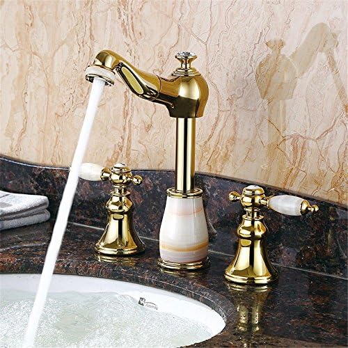 Jingjingnet Basin Mixer Tap Bathroom Sink Faucet Continental Jade 3-piece draw-down basin faucet golden basin of hot and cold bath triple-tap lift (Color : White Jade+Zirconium Gold)