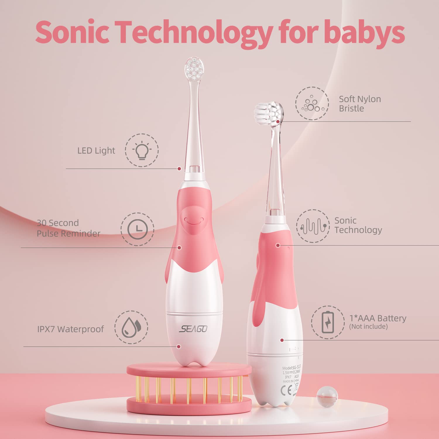 SEAGO Toddler Electric Toothbrushes for Baby Ages 0-3 Years, Baby Toothbrush with Smart Timer, 4 Replacement Brush Heads SG-513(Pink)