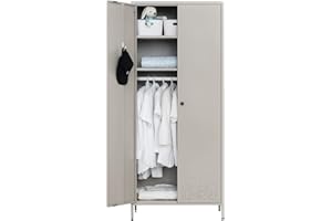 BESFUR Bedroom Armoires, Metal Wardrobe Closet with Hanging Rod, Adjustable Shelves, 20" D x 31.5" W x 74" H - Sea Shell Color