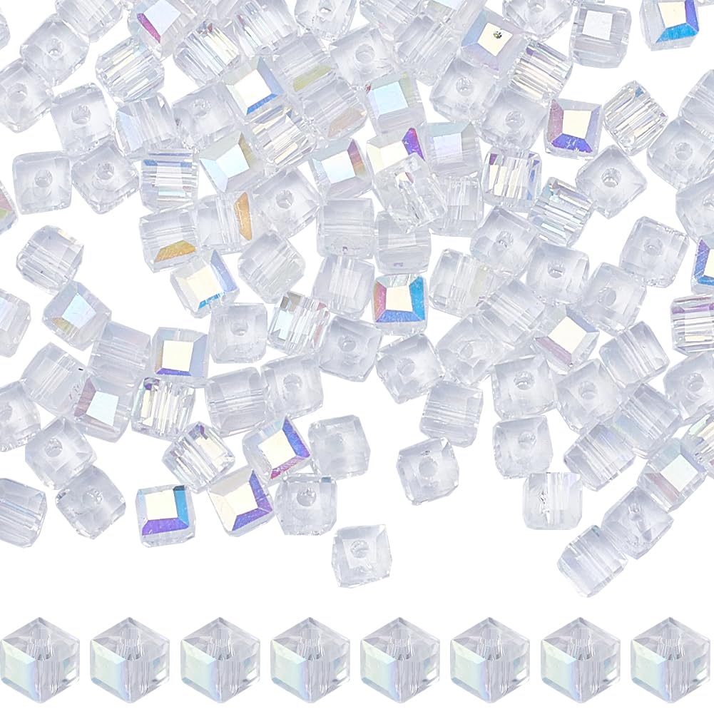SUNNYCLUE 1 Box About 294Pcs 4mm Crystal Cube Beads Clear Square Glass Beads Transparent AB Color Electroplate Faceted Spacer Beads for jewellery Making Bead Assortments DIY Necklaces Bracelets Crafts